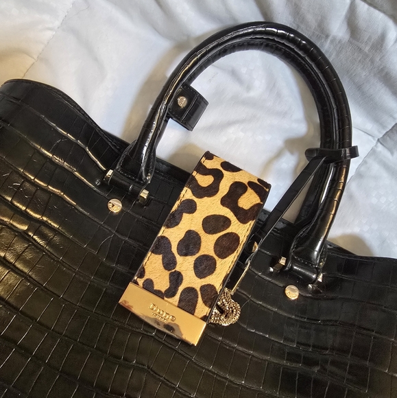 NWOT Dune London Vegan Leather Reptile Effect Satchel w/Crossbody Strap, Black. - Picture 4 of 13